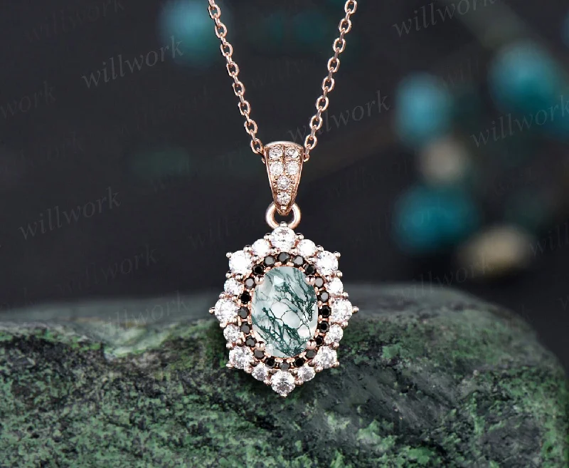 custom necklaces for women -Oval cut green moss agate necklace halo black diamond pendant for women solid 14k rose gold antique jewelry promise anniversary gift