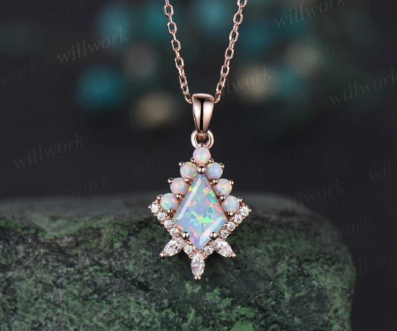 wedding necklaces for women -Kite cut white opal necklace solid 14k 18k rose gold vintage unique halo opal diamond pendant women her anniversary bridal gift mother