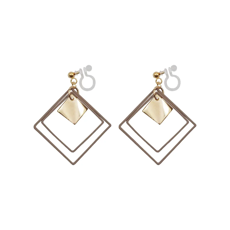 gemstone chandelier earrings -Beige Square Double Hoops Invisible Clip On Earrings