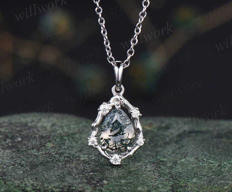 bold necklaces for women -Vintage teardrop moss agate pendant necklace art deco moissanite diamonds halo pendant sterling silver necklace for women mother gifts