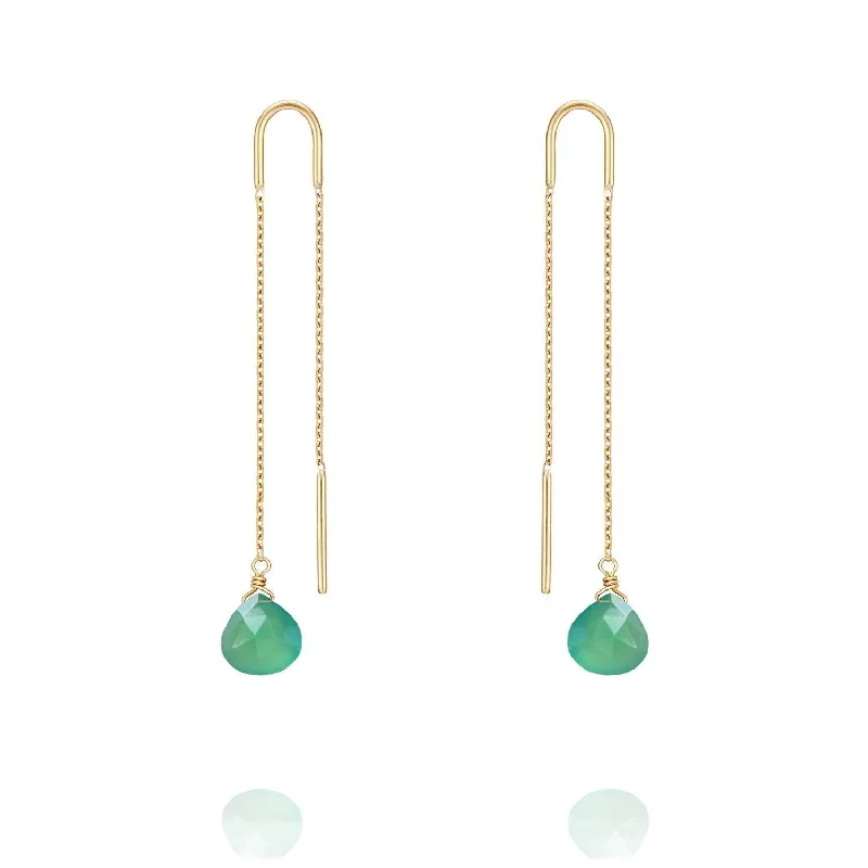 stackable earrings for women -Drop Threader Earrings Green Agate - 18k Gold