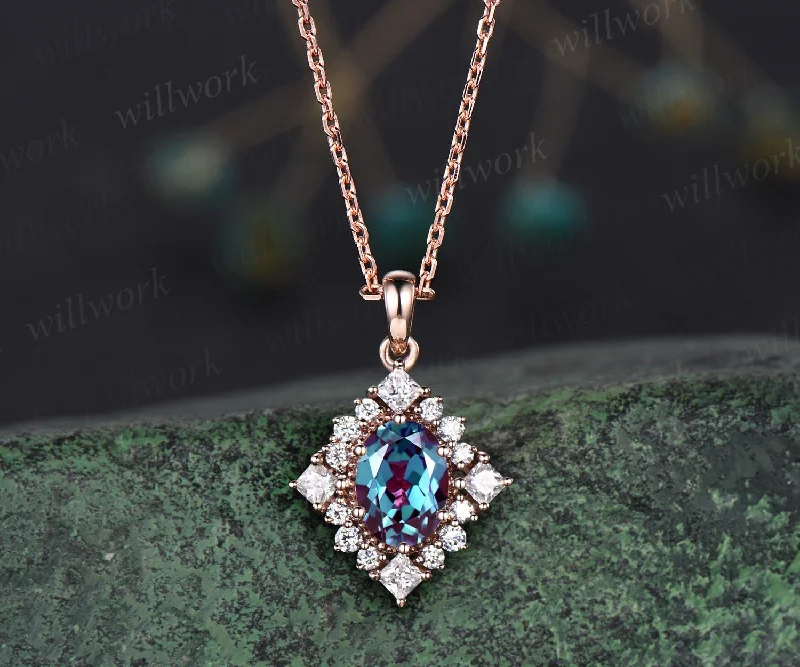 pendant necklaces for women -Unique oval cut alexandrite necklace solid 14k rose gold halo princess moissanite diamond necklace pendant women anniversary gift jewelry