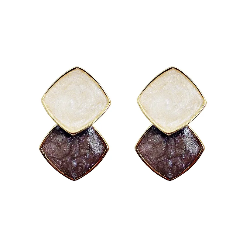 pearl stud earrings for women -White Light Brown Double Square Minimal Invisible Clip On Earrings