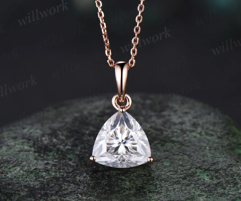 stylish necklaces for women -Dainty 2ct Trillion Cut Moissanite Necklace Unique 14k rose gold Solitaire Pendant Minimalist Engagement Necklace women