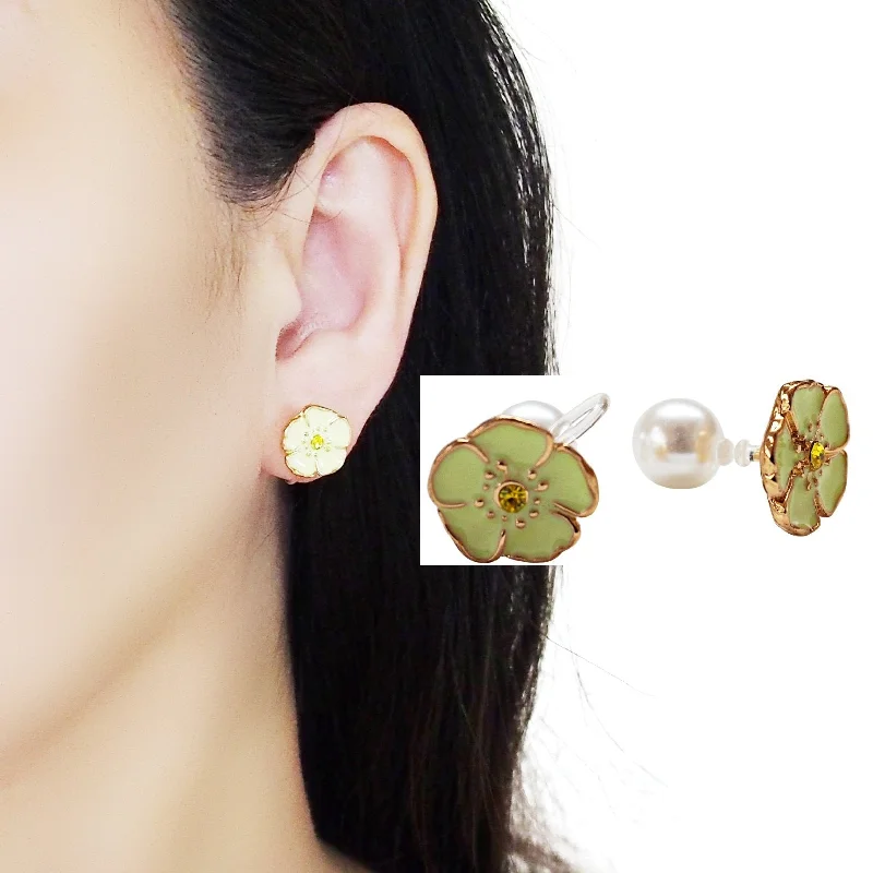 diamond stud earrings for women -Double Sided Light Green Flower and Pearl Invisible Clip On Stud Earrings