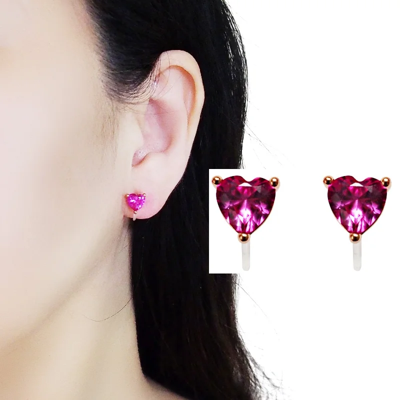 casual earrings for women -Pink Heart Crystal Invisible Clip On Stud Earrings