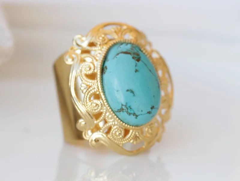 statement rings for women -Large Genuine turquoise Ring