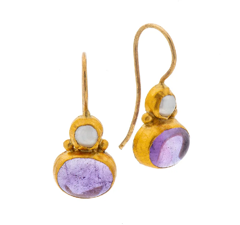 gold-plated earrings for women -Nava Zahavi Yellow Gold Pearl and Amethyst Earrings