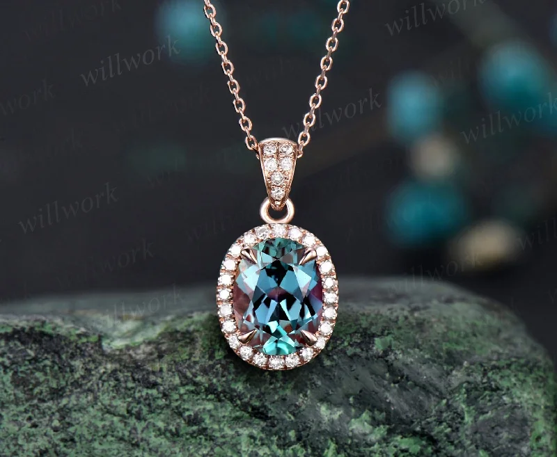 diamond pendant necklaces for women -2ct oval cut alexandrite necklace solid 14k rose gold vintage unique halo diamond necklace pendant women June birthstone anniversary gift