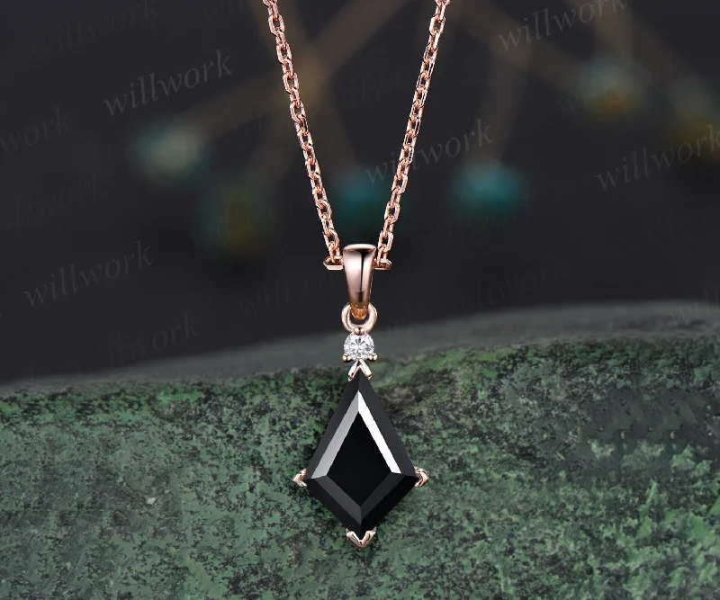 gold-plated necklaces for women -Unique kite cut black Onyx necklace 14k rose gold two stone diamond pendant women Personalized dainty promise anniversary bridal gift