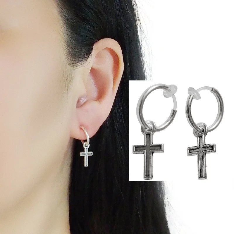 unique earrings for women -Dangle Silver Unisex Small Cross Hoop Invisible Clip On Stud Earrings