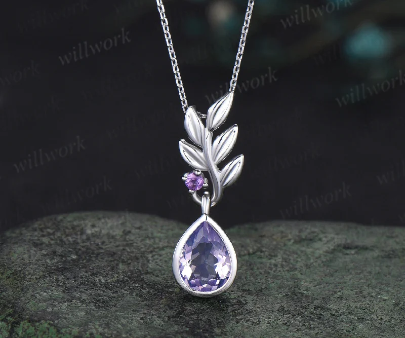 birthday gift necklaces for women -Pear cut Lavender Amethyst necklace white gold two stone leaf unique pendant women anniversary bridal gift