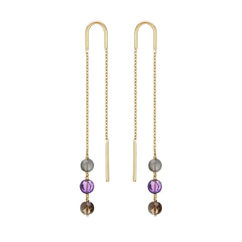 luxury earrings for women -Long Trio Threader Earrings 18k Gold Amethyst Grey Moonstone Smoky Quartz