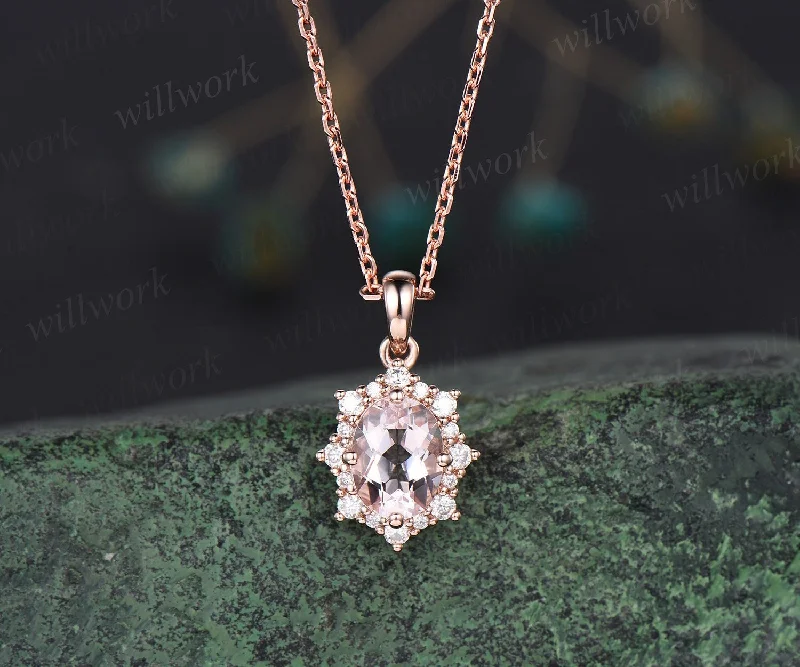 birthstone necklaces for gifts -Vintage oval morganite necklace solid 14k 18k gold unique star halo snowdrift diamond pendant women black stone anniversary gift jewelry