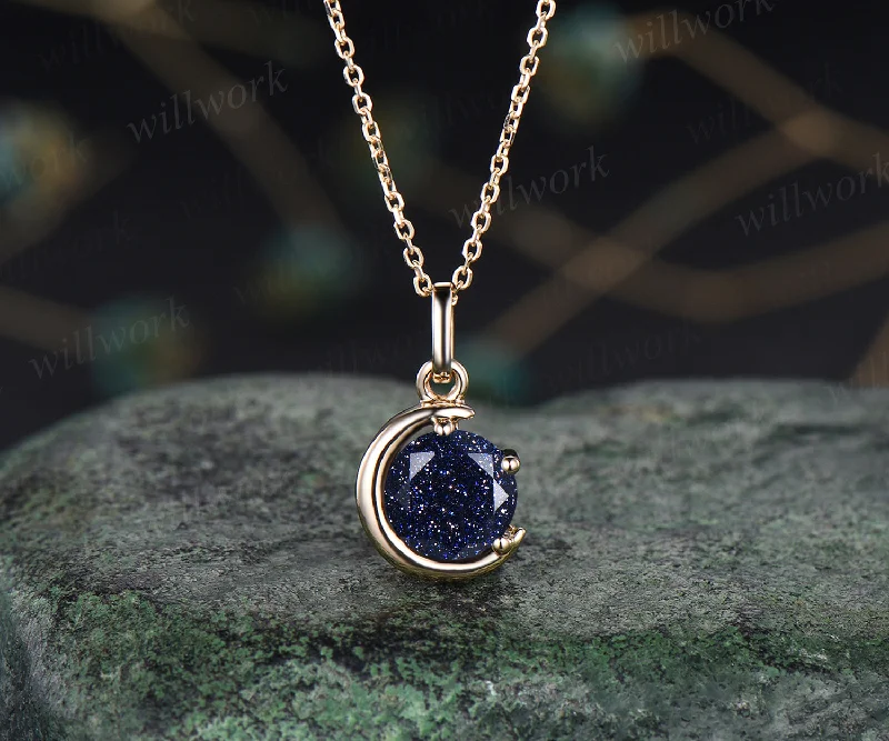 classy necklaces for women -Round cut blue sandstone pendant necklace dainty moon yellow gold pendant unique crescent necklace best friend gifts jewelry