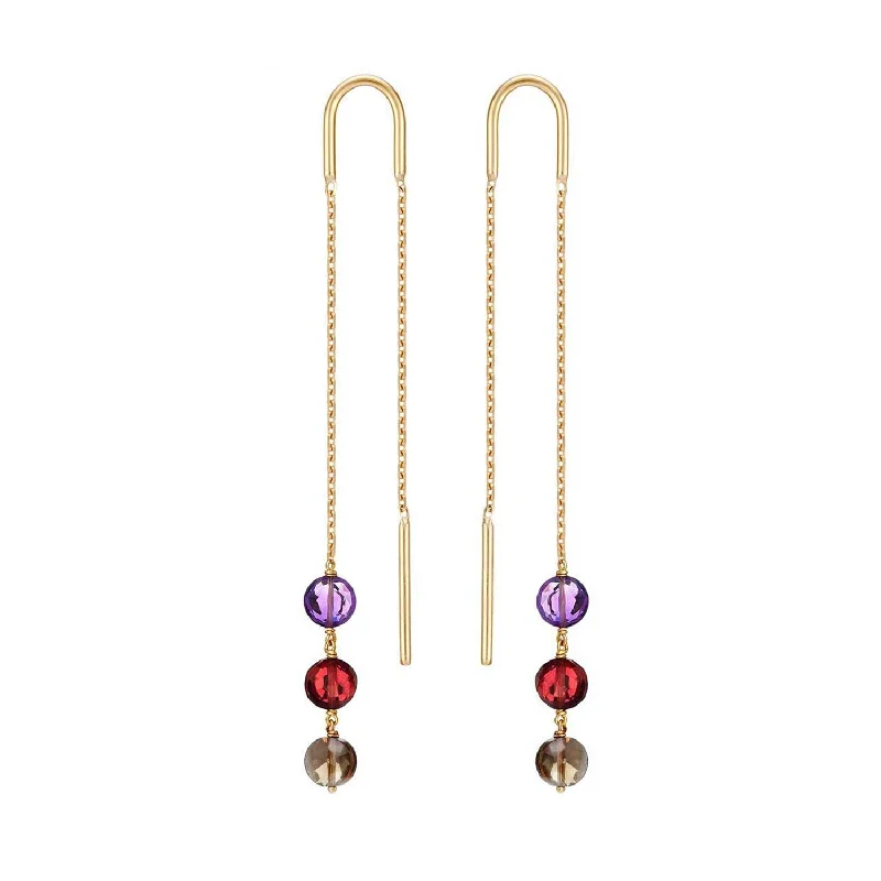 casual earrings for women -Long Trio Threader Earrings 18k Gold Amethyst Red Garnet Smoky Quartz