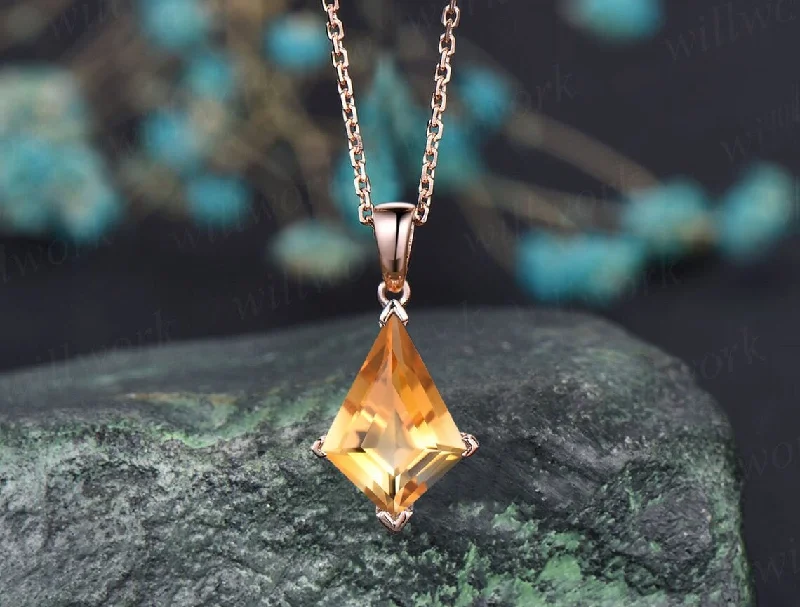 gold-plated necklaces for women -Kite yellow citrine necklace solid 14k 18k rose gold vintage unique Personalized pendant women her Crystal anniversary bridal gift mother