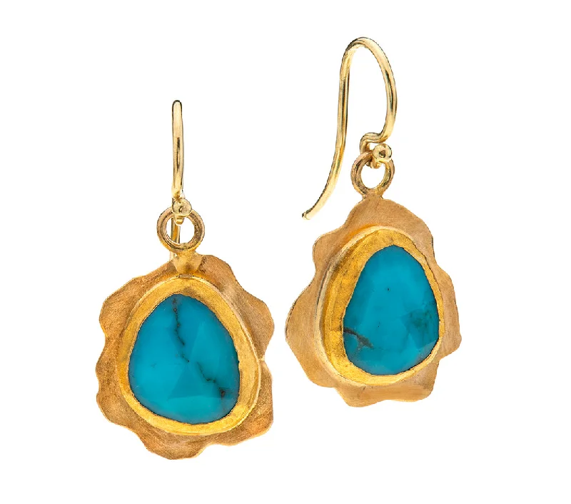 flower-shaped earrings for women -Nava Zahavi Yellow Gold Turquoise Frame Earrings