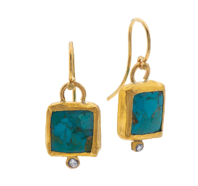 trendy drop earrings for women -Nava Zahavi Yellow Gold Turquoise and Diamond Earrings