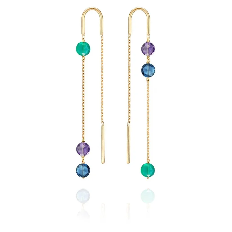 pearl drop earrings for women -Asymmetric Trio Pastille Earrings Amethyst, Blue Topaz, Green Agate - 18k Gold