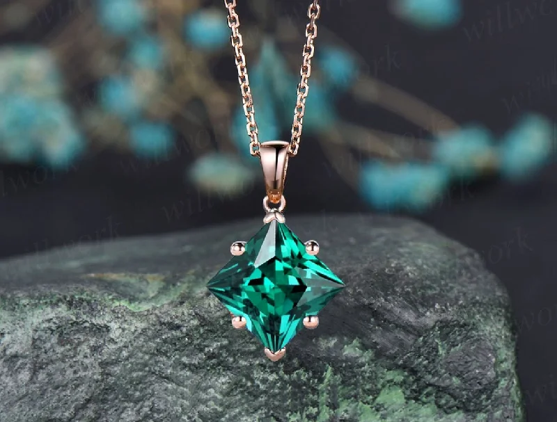 luxury pendant necklaces for women -Princess cut green emerald necklace rose gold vintage unique Personalized Solitaire pendant women her anniversary bridal gift mother