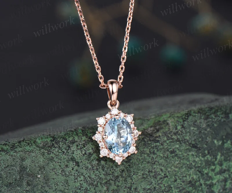 chunky gold necklaces for women -Vintage oval blue aquamarine necklace solid 14k 18k gold unique halo snowdrift diamond pendant women black stone anniversary gift jewelry