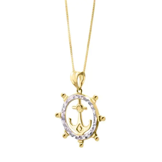 long necklaces for women -10k Gold Ship's Wheel with Anchor Pendant 18" Necklace