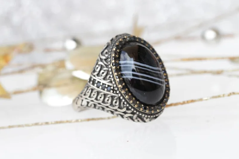 wedding rings for women -Black stone ring