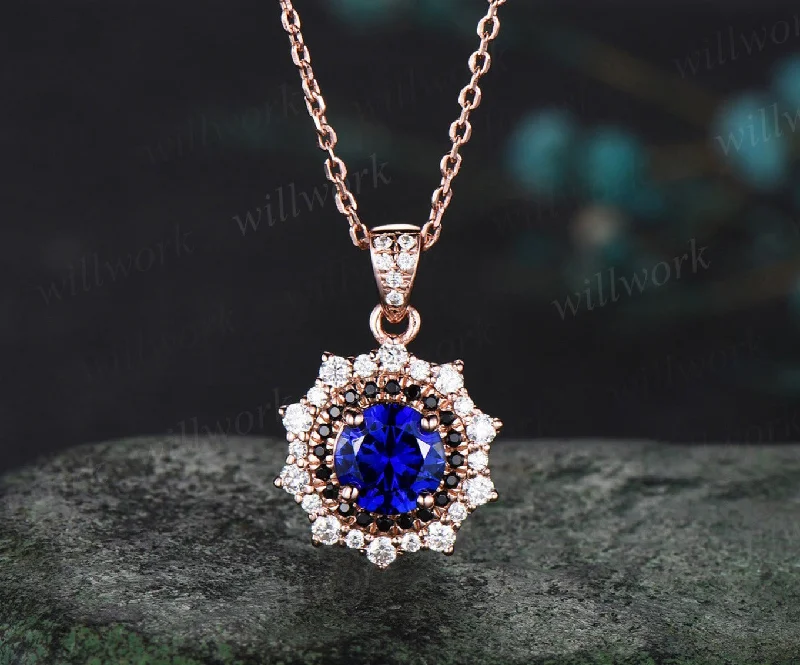 moonstone necklaces for women -Round blue sapphire Necklace rose gold snowdrift double halo black diamond Pendant September birthstone anniversary gift