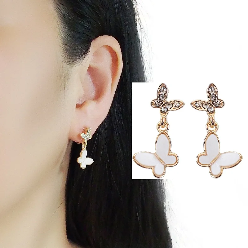 bohemian earrings for women -Dangle White & Crystal Butterfly Invisible Clip On Earrings