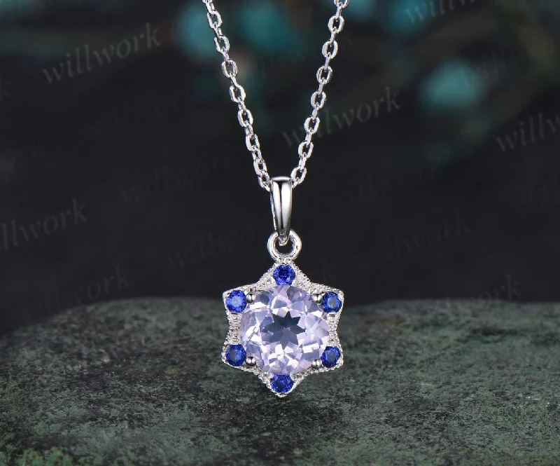 gold-plated necklaces for women -Unique Round Cut Lavender Amethyst Necklace Minimalist hexagram Halo Blue Sapphire Pendant 14k White Gold Bridal Jewelry Christmas Snow gift