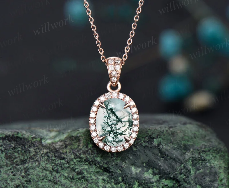 luxury gemstone necklaces for women -2ct oval cut green moss agate necklace solid 14k rose gold vintage unique halo diamond necklace pendant women promise anniversary gift