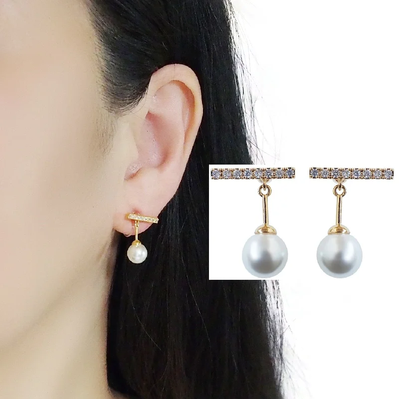 boho stud earrings for women -Dangle White Pearl & Pave Crystal Bar Invisible Clip On Earrings