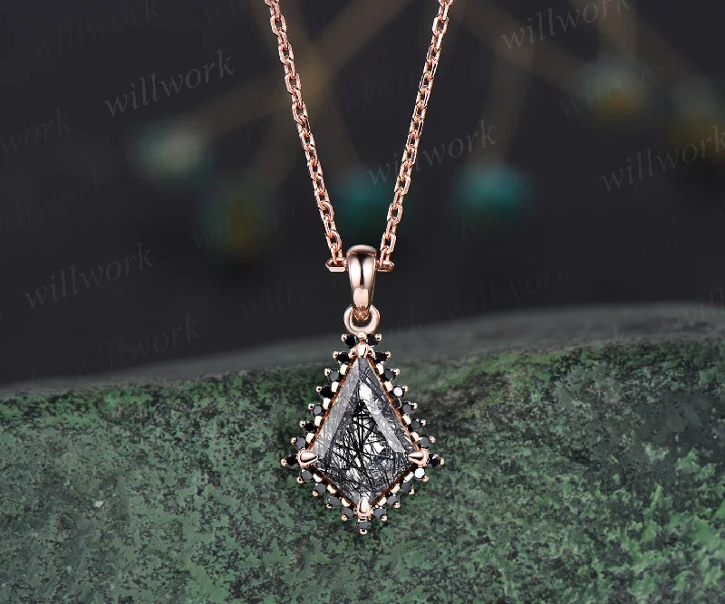 bridal pendant necklaces for women -Unique kite cut black rutilated quartz necklace solid 14k rose gold halo black diamond pendant for women mother anniversary gift