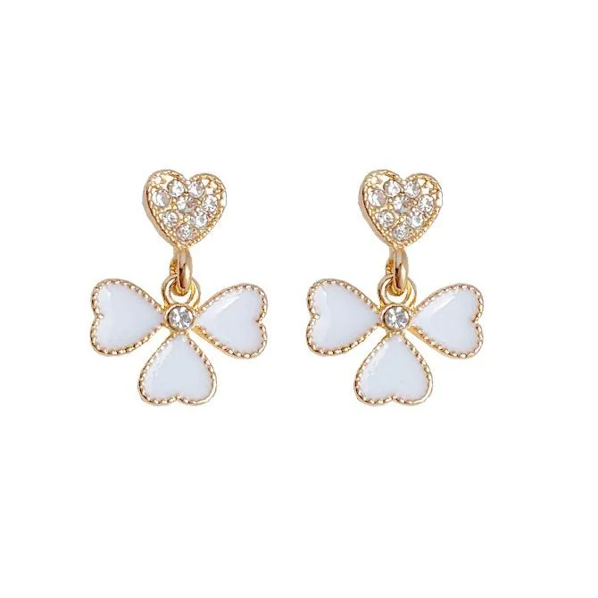 sparkling earrings for women -Dangle White Clover Four Leaf Crystal Rhinestone Invisible Clip On Earrings