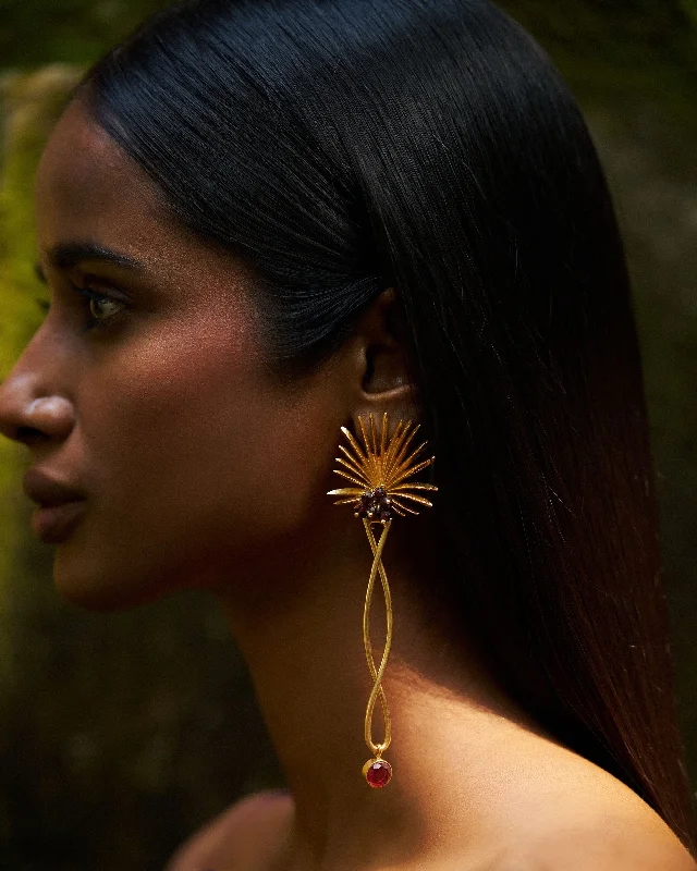 sterling silver hoop earrings -Palm Danglers - Gold