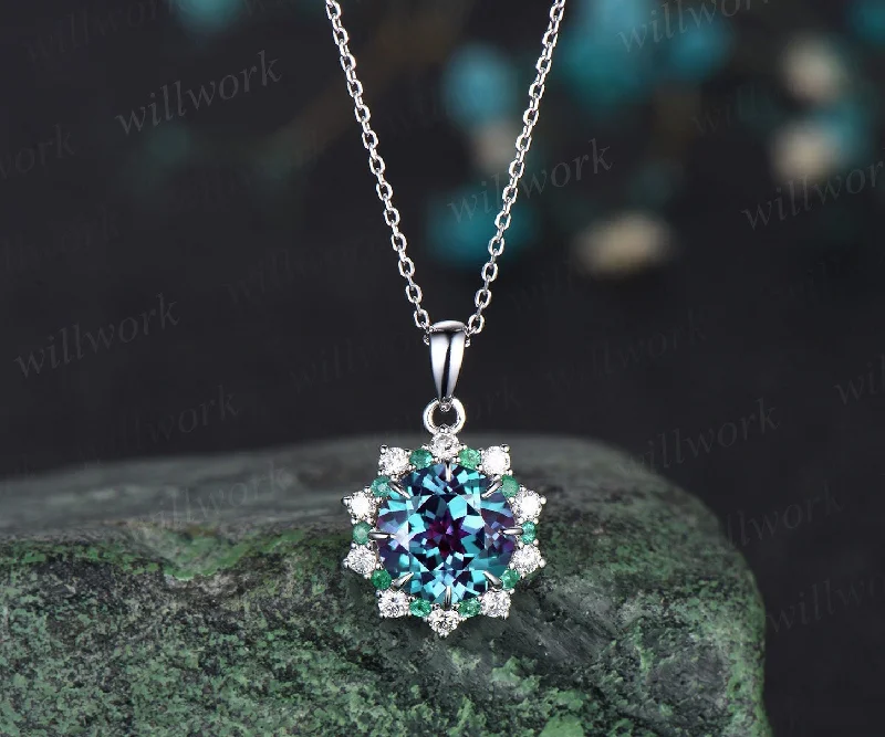 elegant diamond necklaces for women -Vintage 2ct round cut alexandrite necklace white gold 8 prong halo natural emerald diamond pendant women June birthstone promise bridal gift