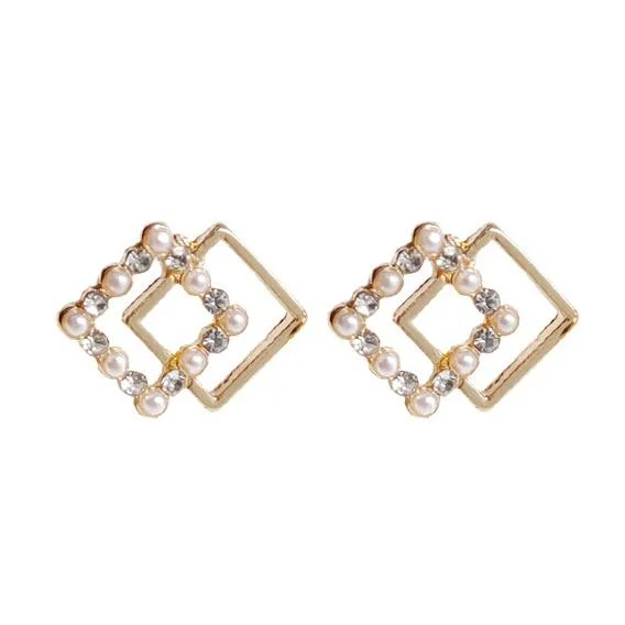 boho earrings for women -Square Clear Crystal Rhinestone White Pearl Invisible Clip On Earrings