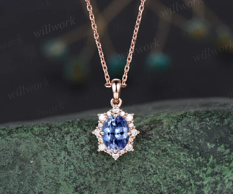 classic gold necklaces for women -Vintage oval blue Tanzanite necklace solid 14k 18k gold unique halo snowdrift diamond pendant women black stone anniversary gift jewelry