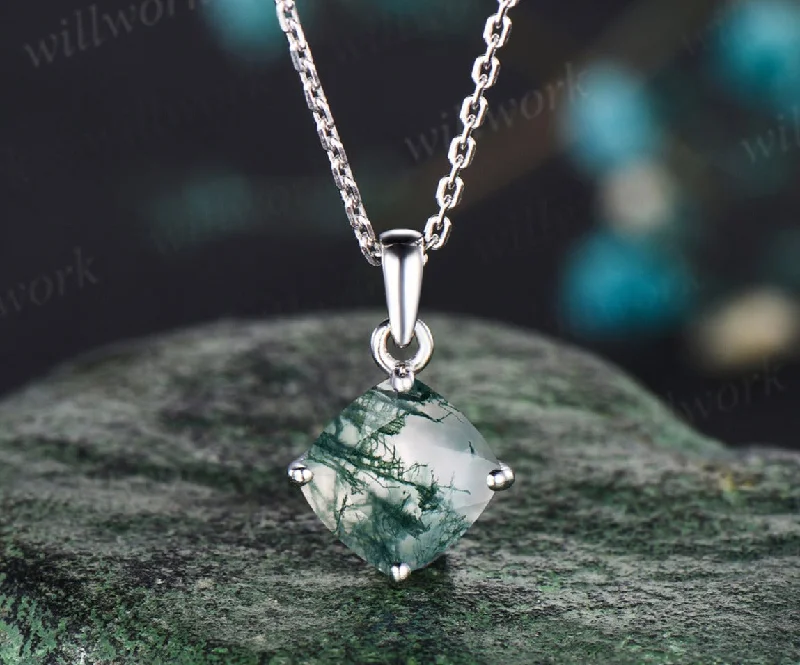 sapphire necklaces for women -Cushion cut Natural Green Moss Agate Necklace solid 14k white gold square cut Solitaire Pendant Minimalist anniversary gift