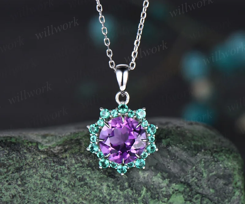 stylish necklaces for women -Vintage round purple amethyst necklace 8 prong snowdrift halo emerald pendant for women solid 14k white gold February birthstone gift her