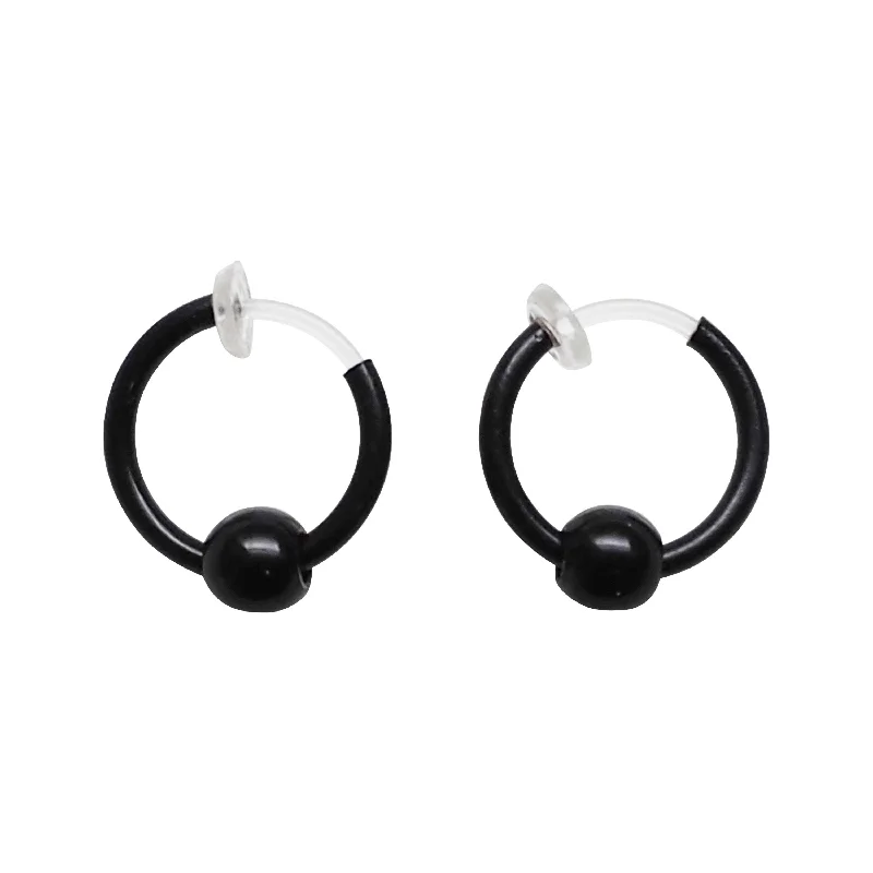 cubic zirconia earrings for women -Black Ball Invisible Clip On Hoop Earrings