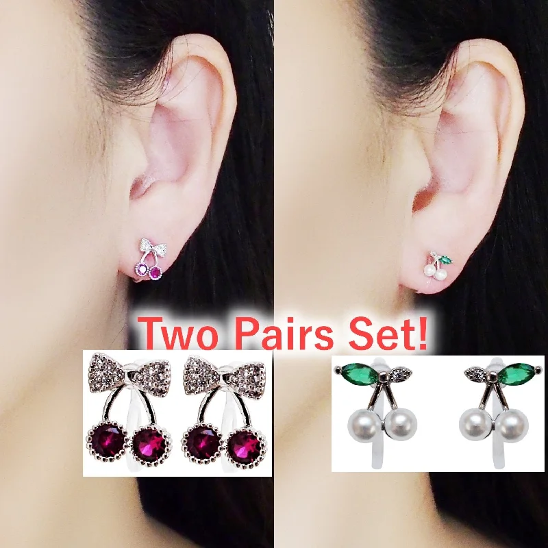 crystal earrings for women -Pink Ribbon and White Pearl Cherry Invisible Clip On Stud Earrings ( 2 Piars Set)