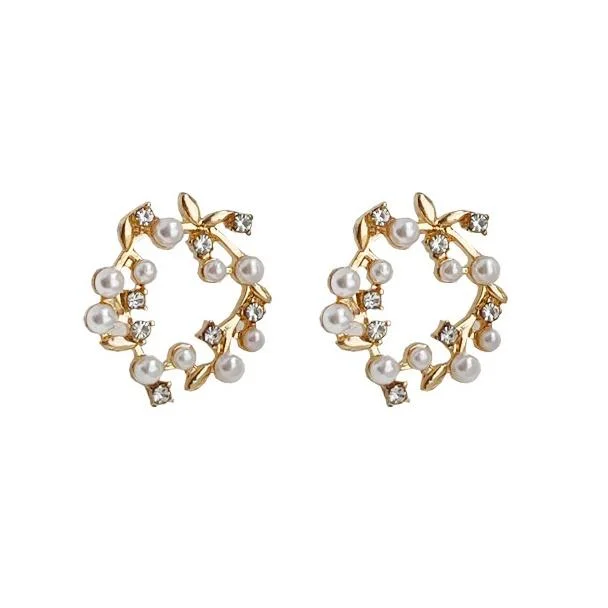 luxury earrings for women -White Flower Pearl  Circle Wreath Crystal Rhinestone Invisible Clip On Earrings