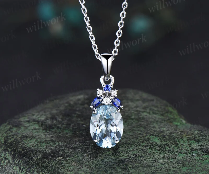 silver necklaces for women -Oval cut natural aquamarine necklace solid 14k white gold cluster sapphire Pendant For Women Anniversary Gifts