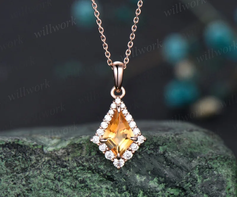 bridal necklaces for women -Kite cut yellow citrine necklace unique halo snowdrift moissanite necklace pendant rose gold women mother bridal promise anniversary gift