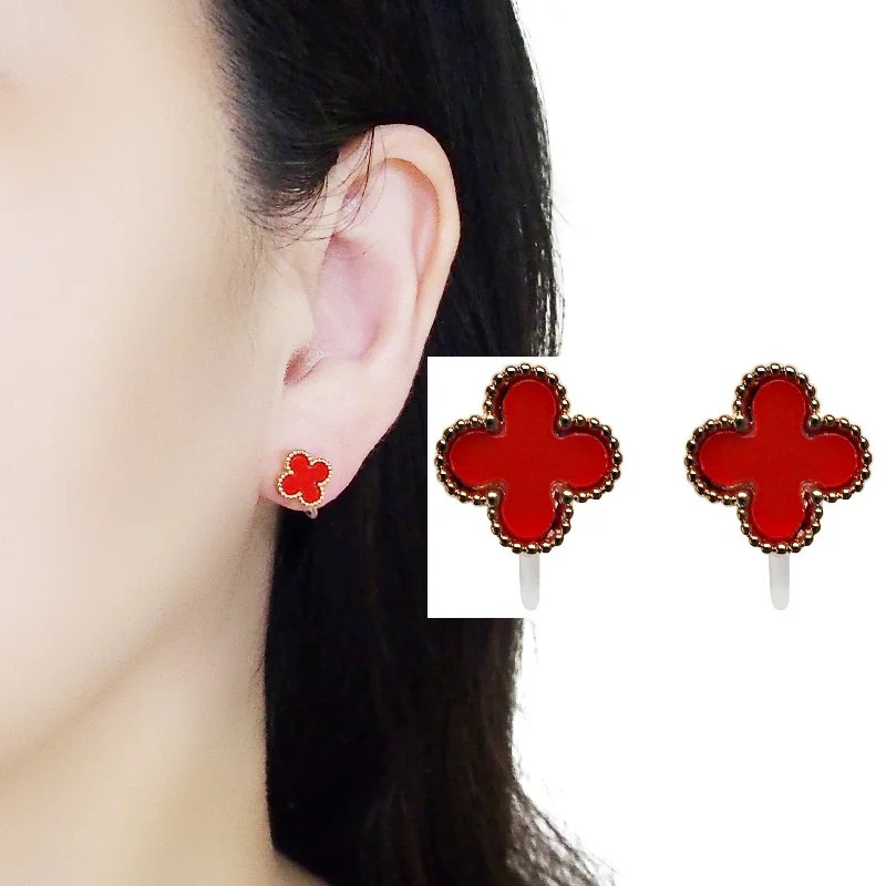 drop stud earrings for women -Red Clover Invisible Clip On Stud Earrings ( Gold tone )