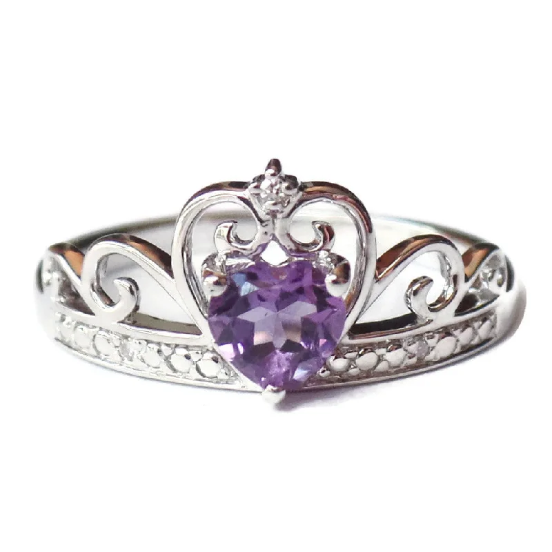 birthday gift necklaces for women -Sterling Silver Diamond And Heart Shaped Amethyst Crown Ring