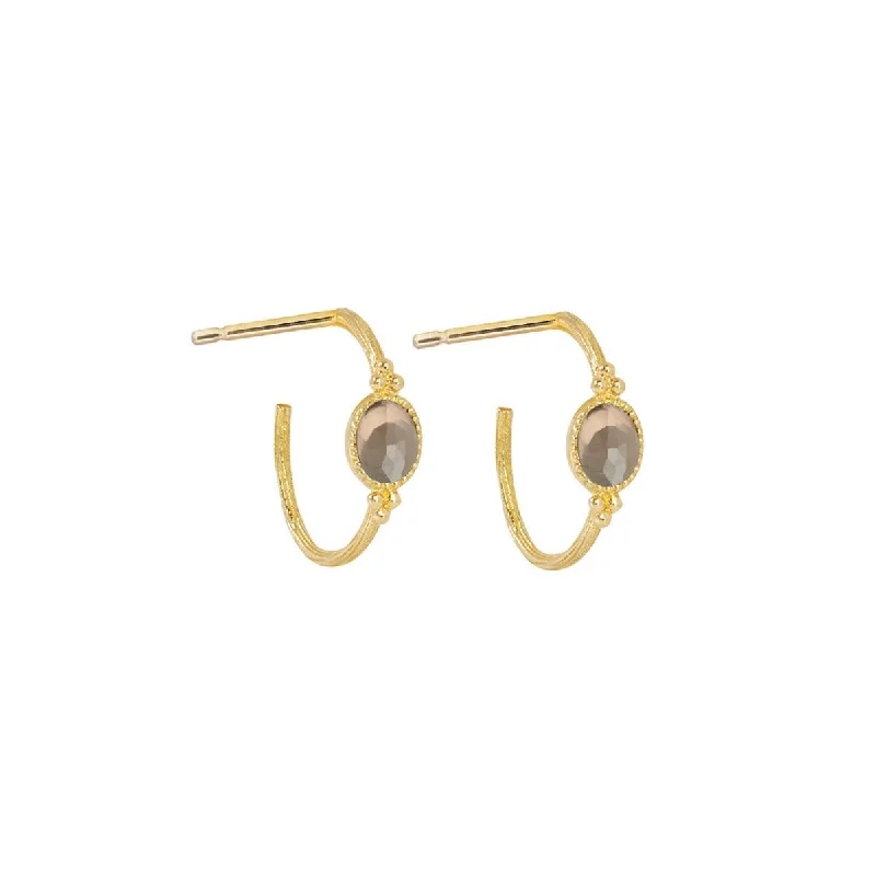 gold earrings for women -Small Creole Oval Earrings Smoky Quartz - 18k Gold