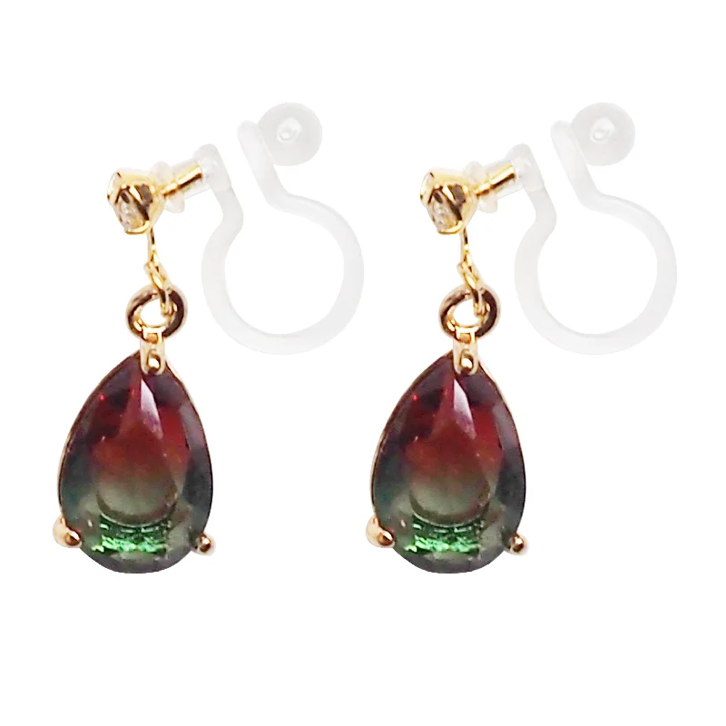 hoop earrings for women -Red & Green Teardrop Crystal Invisible Clip On Earrings